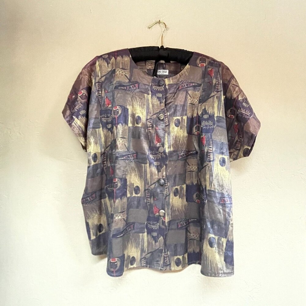 Thai Silk By Apple Women's Button Down Blouse Lightweight Geo Brown Top Shirt